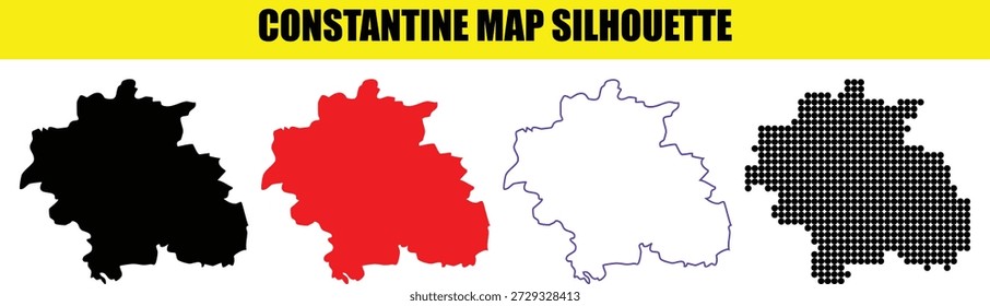 Constantine map silhouette four in one set with different design isolated on checkered background. Constantine map black silhouette, red, outline, and dot map