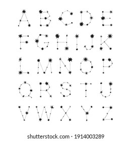 Constellation alphabet. Starry black white isolated letters vector illustration. Cosmic font kid design