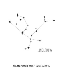 Constellation Andromeda en cielo estrellado. Doodle, boceto, iconos lineales de las 88 constelaciones sobre fondo blanco