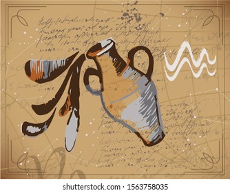 Constellation of Aquarius. Antique astrological chart of the starry sky with the zodiac sign. Hand drawing. Vector vintage image.