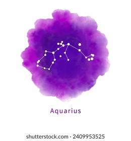 Constellation Aquarius on a bright purple watercolor stain isolated on a white background. Zodiac sign, horoscope symbol on handmade watercolor texture. Vector illustration.