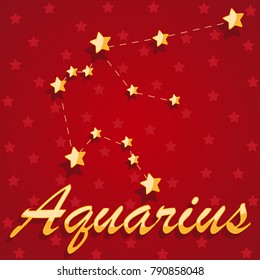 Constellation Aquarius over red starry background - vector illustration.