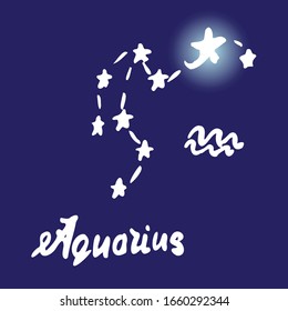 constellation of Aquarius. vector illustration. Shining zodiac sign, symbol and calligraphic name drawn by hand on a dark blue background. Doodle style. 