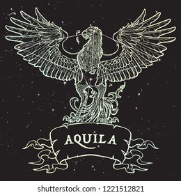 Constellation of Aquila. Black Eagle sitting on a banner with a sign. Accurate line drawing isolated on black night sky background with stars. EPS10 vector illustration