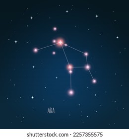 Ara de constelación en cielo estrellado. Espacio abierto. Ilustración vectorial de la constelación a través de un telescopio