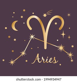 The constellation of Aries. Gold vector illustration on purple background for your design