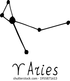 constellation aries icon and lettering. hand drawn doodle style. vector, minimalism, monochrome, sketch. zodiac sign horoscope