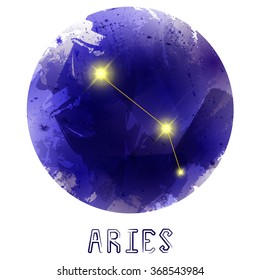 The Constellation Of Aries. Starry sky. Dark watercolor background of space. Bright shining stars. Zodiac constellation. Astrological sign. Vector illustration.