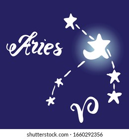  Constellation Of Aries. Vector illustration. Shining zodiac sign, symbol and calligraphic name drawn by hand on a dark blue background. Doodle style.  
