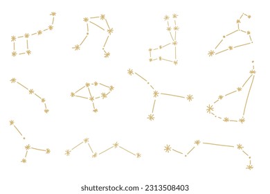 Constellation astrology space zodiac galaxy crescent set collection in golden minimalist simple style doodle for design vector.