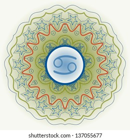 The constellation of astrology. Zodiac sign The Crab (Cancer) over oriental mandala over the green background. Mystic icon set (more in my portfolio)
