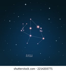 Constellation Auriga scheme in starry sky. Open space. Vector illustration Auriga constellation  through a telescope. 