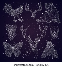 constellation. bear, panda, deer, skull, butterfly, fly, rooster