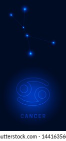 Constellation Cancer. Bright glowing stars with the name and sign on a blue background night lighting. Star map Vector.