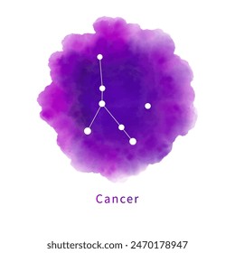 Constellation Cancer on a bright purple watercolor splash stain isolated on a white background. Zodiac sign, horoscope symbol on handmade watercolor texture. Vector illustration for astrology.