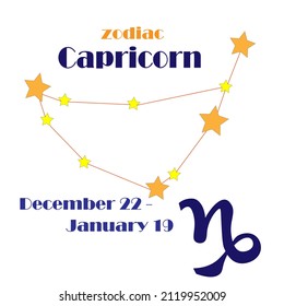 constellation of Capricorn consists of ten stars with horoscope sign and an inscription. suitable for children to study stars and constellations of the sky, space, galaxy. Vector. simple illustration.