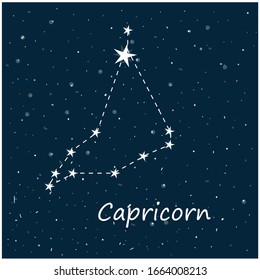 Constellation of Capricorn in night starry sky. Vector stock illustration in cartoon style. Can be used as planetarium poster, postcard.