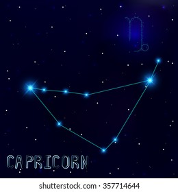 The Constellation Of Capricorn. Starry sky. Dark blue background of space. Bright shining stars. Zodiac constellation. Astrological sign. Vector illustration.