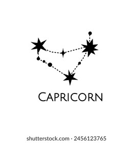 Constellation of Capricorn. Vector illustration. Zodiac sign. Black and white stars. Line art tattoo, Spirituality, magic