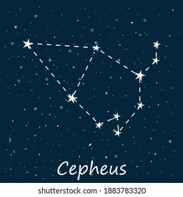 Constellation of Cepheus in starry night sky. Celestial body in space, latin inscription. Vector stock illustration in cartoon style. Can be used in astronomy textbooks, fashion magazines.