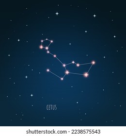 El esquema de Constellation Cetus en el cielo estrellado. Espacio abierto. Ilustración vectorial Cetus, constelación a través de un telescopio