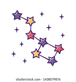 Constellation color icon. Group of stars. Big dipper. Ursa Major. Starry night sky. Stars joined together by lines. Astronomical observations. Study of starry sky. Isolated vector illustration