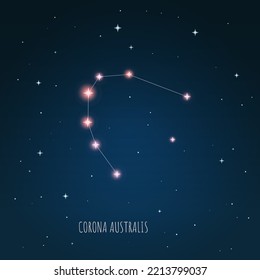 Constellation Corona Australis scheme in starry sky. Open space. Vector illustration  Corona Australis constellation  through a telescope. 