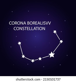The constellation of Corona Borealis with bright stars. A constellation on a blue background of the cosmic sky. Vector illustration.