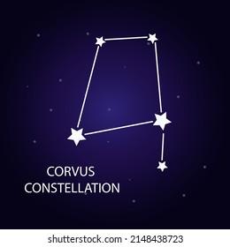 The constellation Corvus with bright stars. A constellation on a dark blue background of the cosmic sky. Vector illustration.