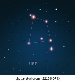 Constellation Corvus scheme in starry sky. Open space. Vector illustration  Corvus constellation through a telescope 