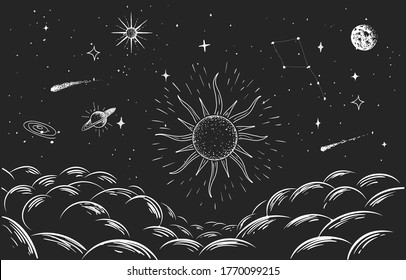 constellation and cosmic objects on night sky background above the clouds.Vector illustration