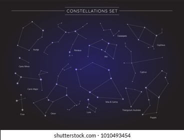 constellation in cosmos background, group of star in galaxy, astronomy set, vector illustration