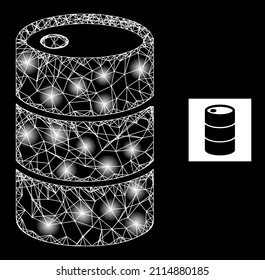 Constellation crossing mesh barrel icon with magic light spots. Illuminated constellation is done using barrel vector icon and crossed lines. Illuminated carcass barrel, on a black background.