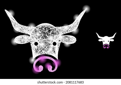 Constellation crossing mesh bull head with lightspots on a black background. Light vector model is based on bull head pictogram, with linear mesh and lightspots.