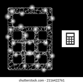 Constellation crossing mesh calculator icon with glossy spots. Illuminated constellation generated using calculator vector icon and intersected lines. Flare frame calculator, on a black background.