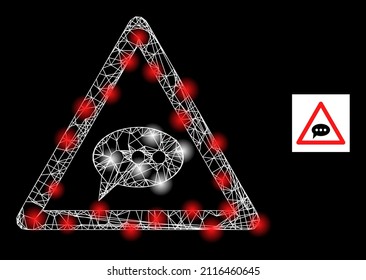 Constellation crossing mesh chat message danger icon with bright spots. Illuminated constellation is generated using chat message danger vector icon and crossing lines.