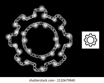 Constellation crossing mesh contour gear icon with majestic spots. Illuminated constellation is created from contour gear vector icon and crossed lines. Flare carcass contour gear,