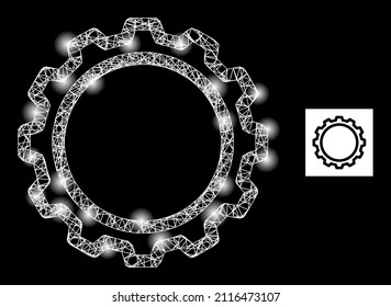 Constellation crossing mesh contour gear icon with illuminated spots. Illuminated constellation created from contour gear vector icon and intersected lines. Glowing frame contour gear,