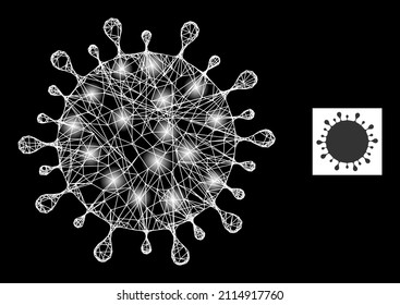 Constellation crossing mesh Covid virus icon with flare light spots. Illuminated constellation created from Covid virus vector icon and crossing lines. Glossy frame Covid virus, on a black background.