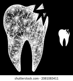 Constellation crossing mesh cracked tooth with glowing spots on a black background. Illuminated vector mesh is based on cracked tooth pictogram, with intersected mesh and light spots.