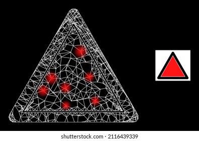 Constellation crossing mesh danger triangle template icon with majestic spots. Illuminated constellation is done from danger triangle template vector icon and crossing lines.