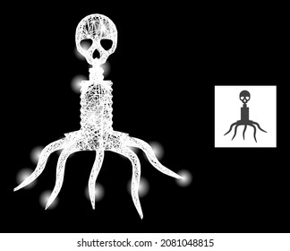 Constellation crossing mesh death virus with light spots on a black background. Light vector structure is created from death virus icon, with irregular mesh and light dots.