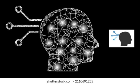 Constellation crossing mesh direct brain connection icon with glowing spots. Illuminated constellation is created using direct brain connection vector icon and intersected lines.