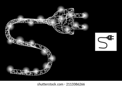 Icono de cable de conexión eléctrica de malla cruzada de constelación con manchas luminosas. Constelación iluminada creada a partir del icono vectorial del cable de enchufe eléctrico y líneas cruzadas.