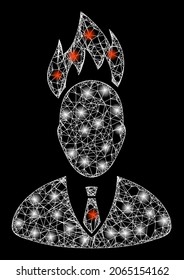 Constellation crossing mesh fired boss with glowing spots. Vector frame based on fired boss icon, and with intersected lines. Constellation frame polygonal fired boss on a black background.