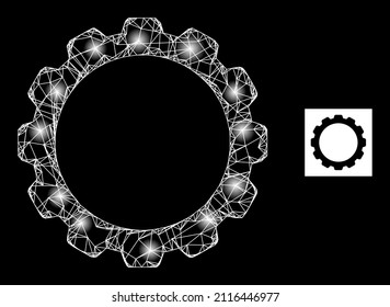 Constellation crossing mesh gearwheel icon with flare spots. Illuminated model is generated using gearwheel vector icon and crossing lines. Illuminated carcass gearwheel, on a black background.