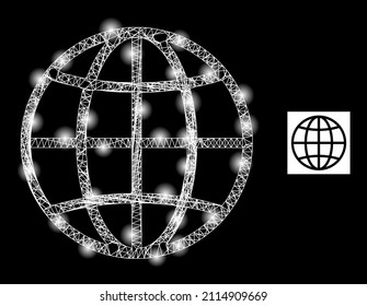 Constellation crossing mesh globe icon with glossy light spots. Illuminated model is created using globe vector icon and crossing lines. Constellation frame globe, on a black background.