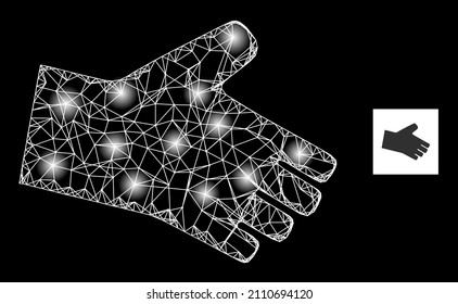 Constellation crossing mesh hand icon with illuminated light spots. Illuminated constellation created from hand vector icon and crossed lines. Illuminated frame hand, on a black background.