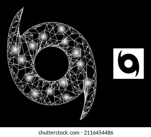 Constellation crossing mesh hurricane icon with illuminated spots. Illuminated constellation created using hurricane vector icon and intersected lines. Bright carcass hurricane, on a black background.