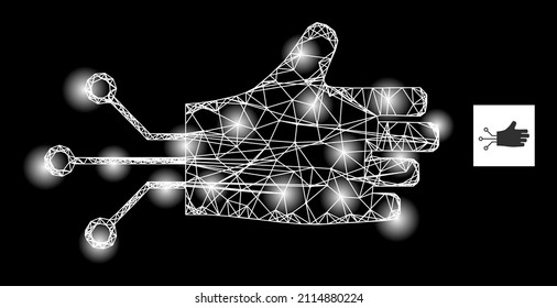 Constellation crossing mesh mechanical hand icon with sparkle light spots. Illuminated constellation generated using mechanical hand vector icon and crossing lines.
